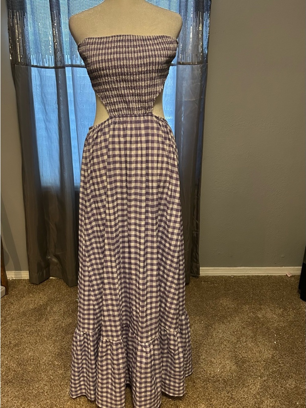 Better Be Lavender Gingham Strapless Maxi Dress